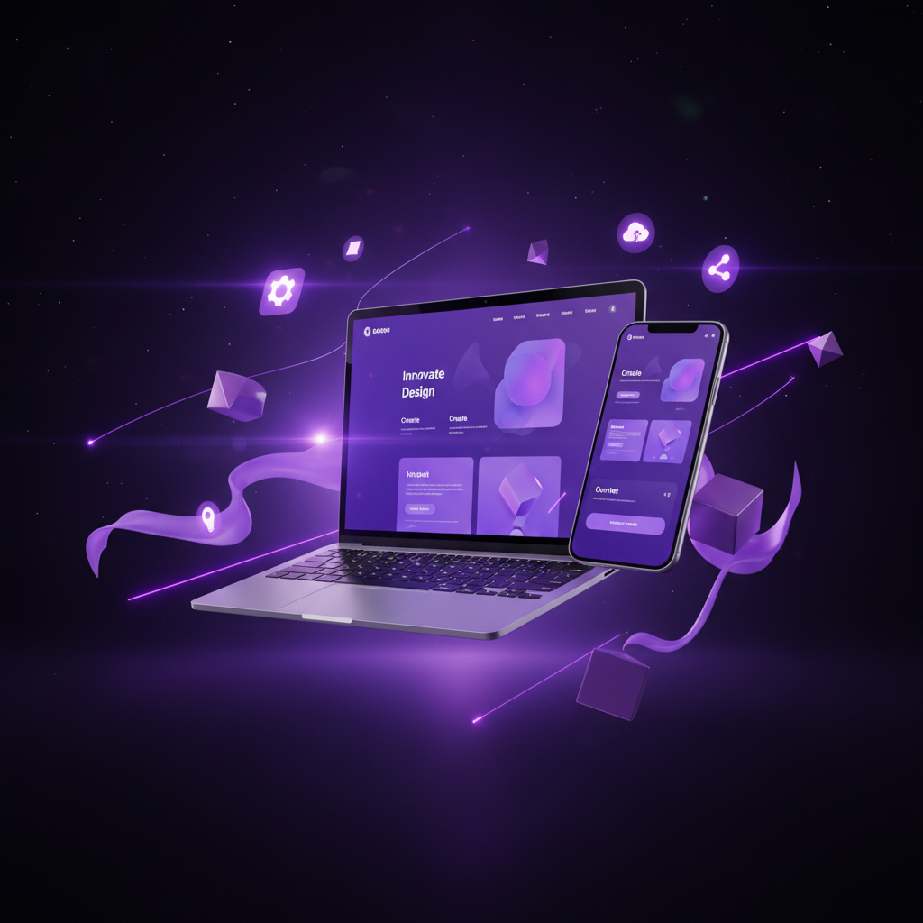 3D render of a laptop and phone showing a design dashboard